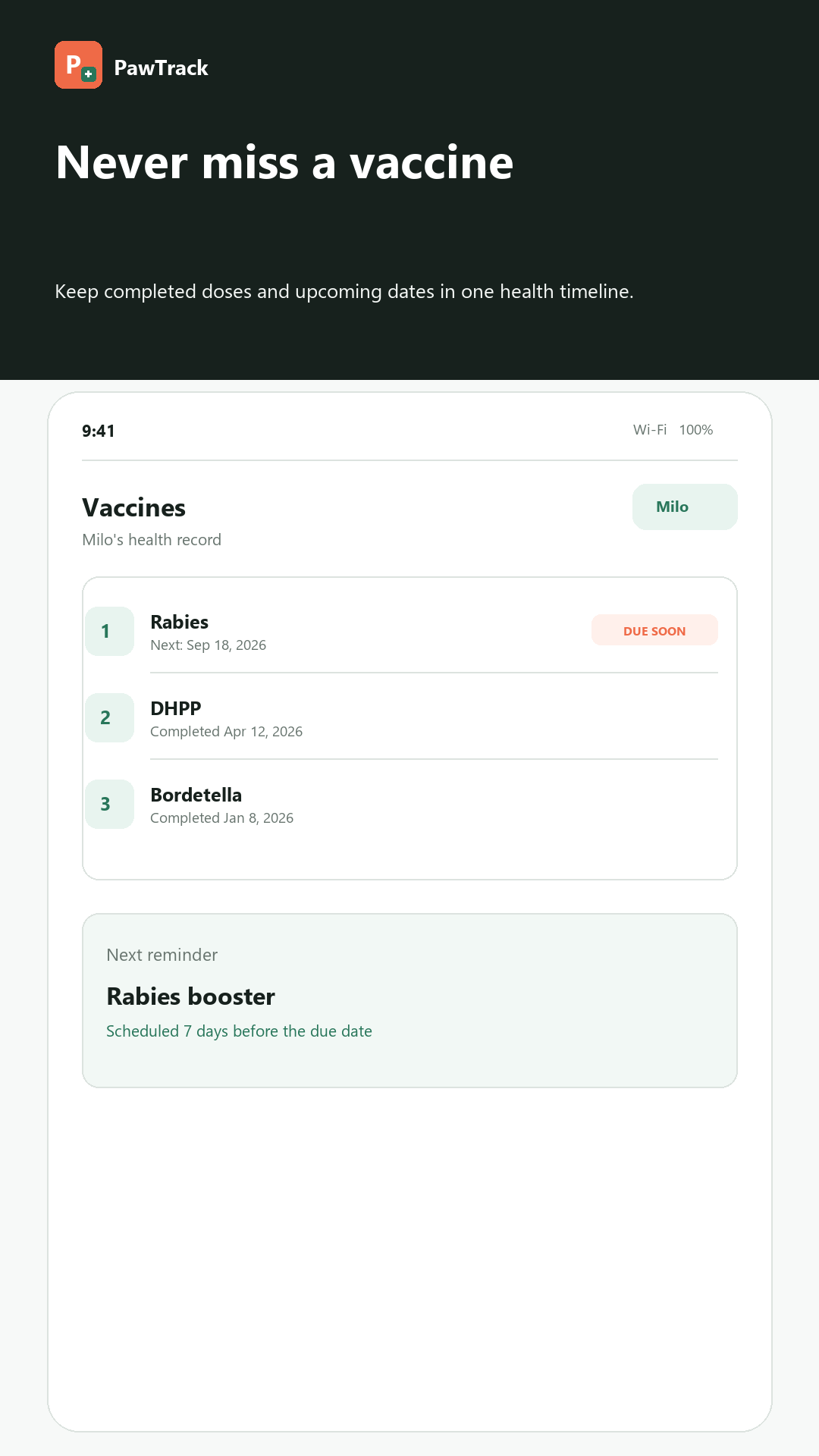 PawTrack vaccine record and upcoming reminder